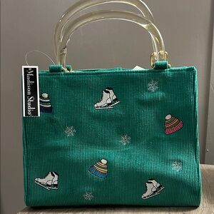 NWT Madison Studio Vintage Tote Green Corduroy Ice Skate Appliqués